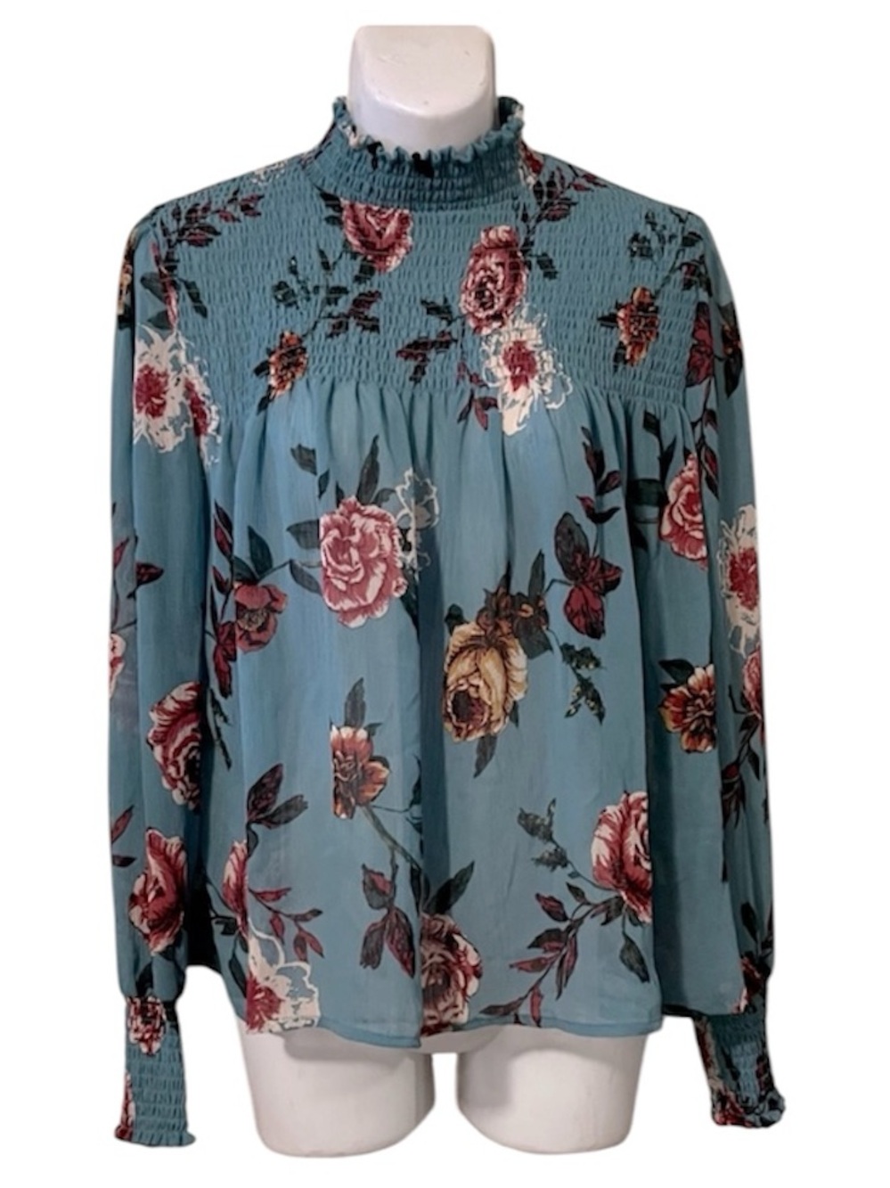 About a Girl Flowy Womens Babydoll Long Sleeve Floral Ruffles Smocked Boho Top L